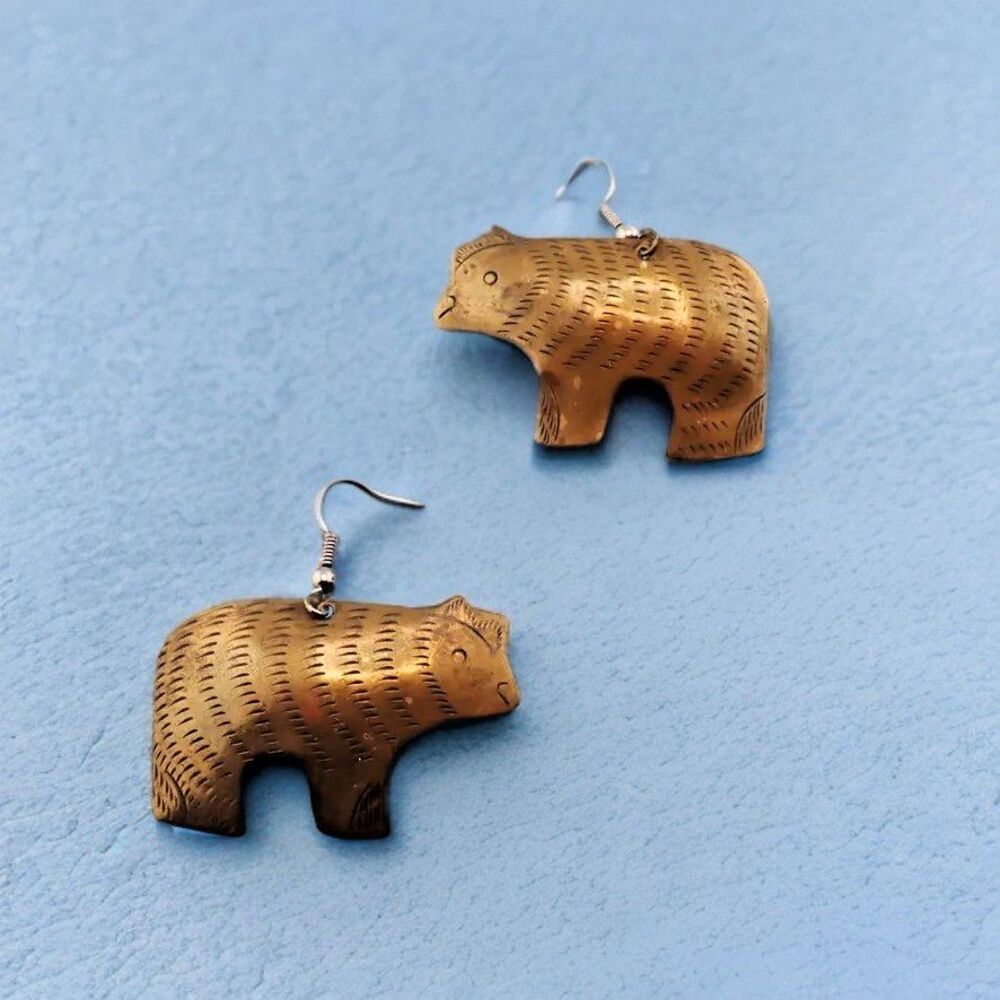 Vintage Brass Bear Dangle Drop Hook Navajo Earrings